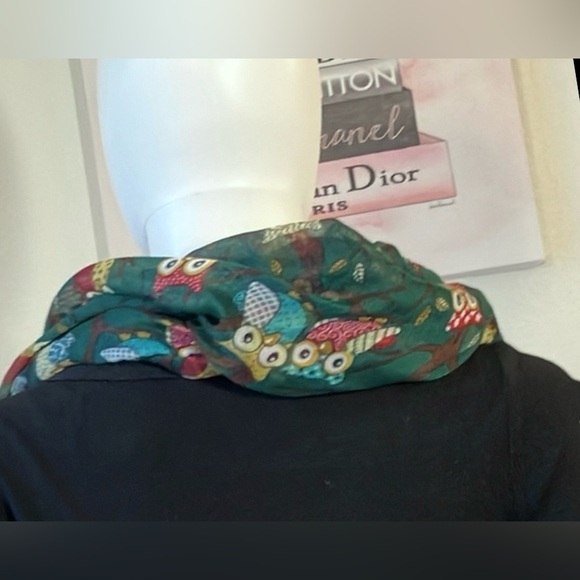 Vivian & Vincent Infinity Scarf Print with Multicolor Owls in Green 33” x 19.5” - Picture 3 of 8
